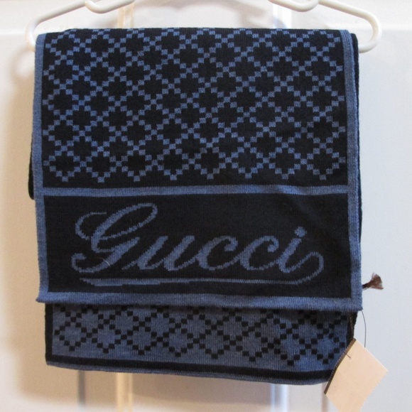 new GUCCI Unisex Navy Blue Mosaic Wool Muffler/Scarf 72" x 10" - Picture 1 of 16